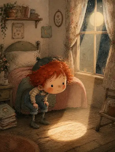 Whimsical Boy Watching Moonbeam Children's Book Illustration
