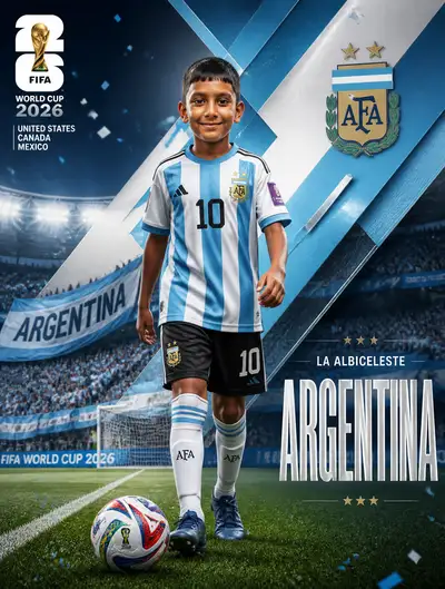 Full-body Argentina World Cup 2026 poster with jersey outfit