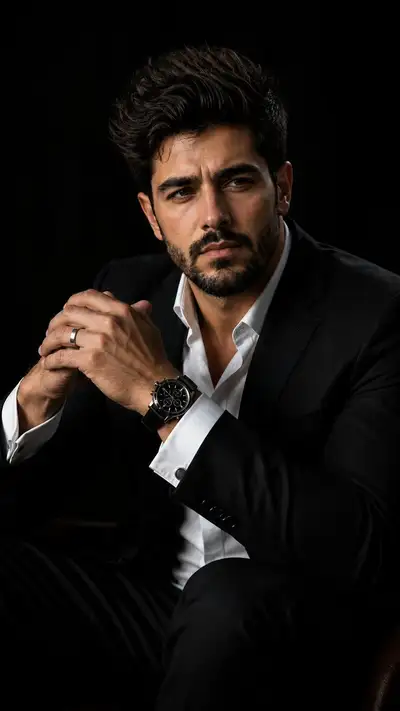 Cinematic executive portrait in black suit prompt