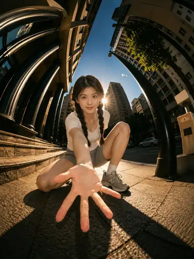 Cinematic Fisheye Urban Portrait Prompt