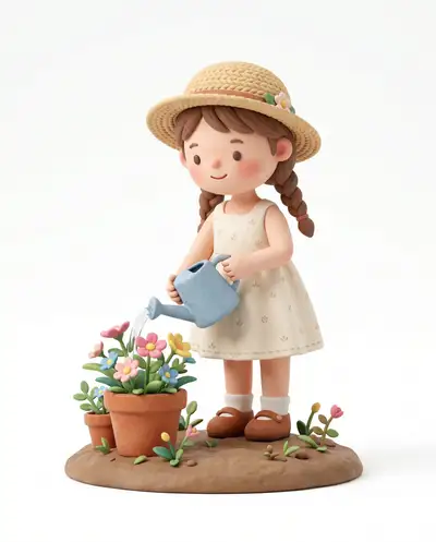 Matte clay 3D girl watering flowers character