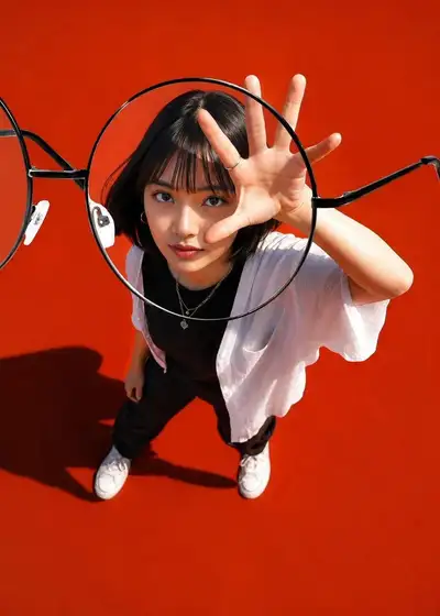 Oversized round lens optical advertisement with top-down view
