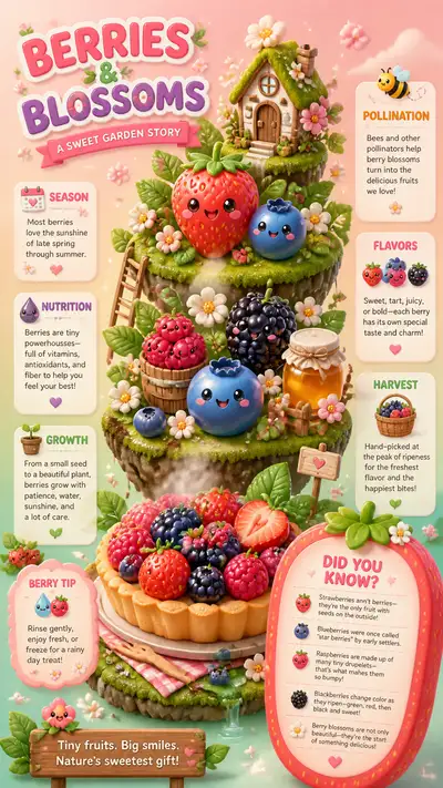 Kawaii 3D infographic poster about berries and forest fruits