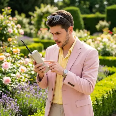 Stylish Man in Garden with Retro Device