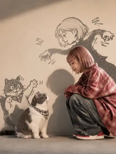 Golden-Hour-Porträt mit Frau, Katze und Anime-Schattendoodles