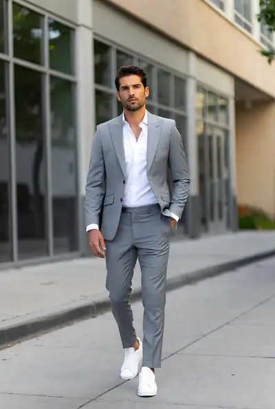 Portrait de mode d'un homme confiant marchant sur un trottoir urbain