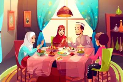 Ramadan Iftar Family Cartoon Illustration