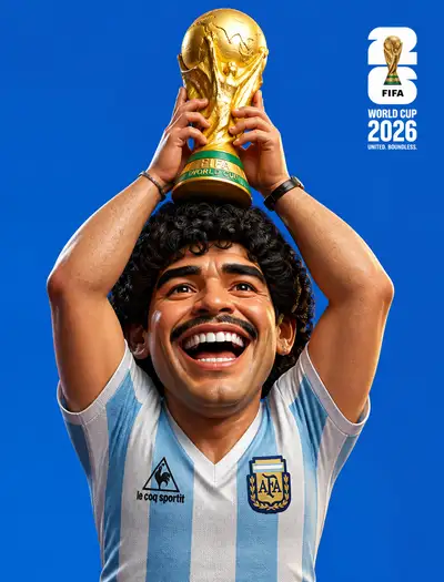 3D caricature of a football legend lifting the World Cup