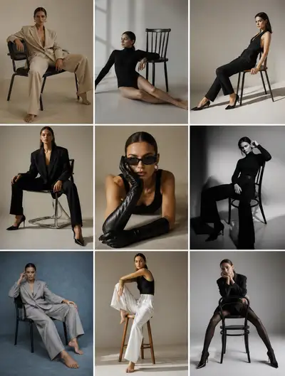 Fashion editorial 3x3 pose reference moodboard with chairs