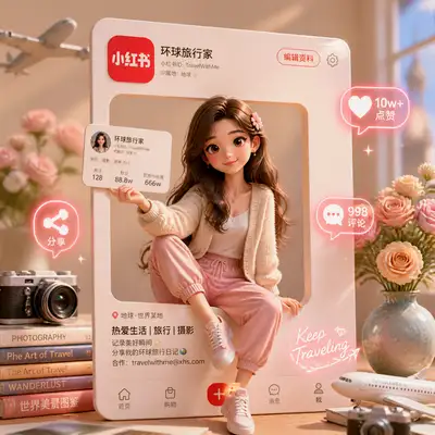 Chinese social profile card portrait with neon interactive icons