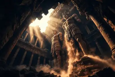 Prompt vidéo de ruines de temple antique avec géants de pierre s'éveillant