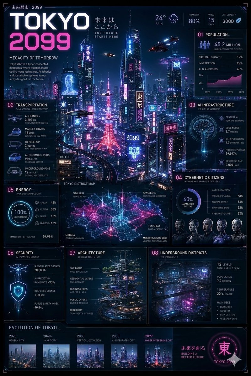Cyberpunk infographic poster titled “TOKYO 2099”, ultra-detailed futuristic