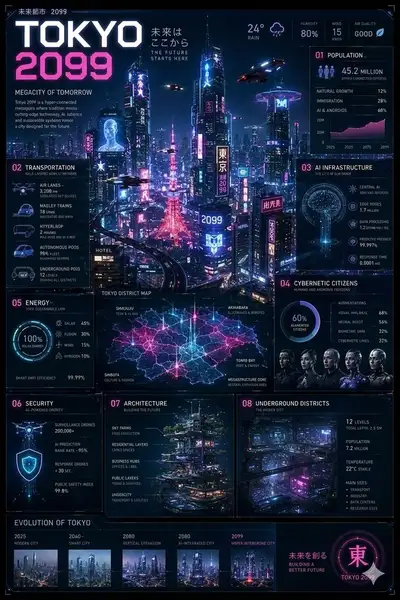 Cyberpunk-Infografik-Poster mit dem Titel „TOKYO 2099“, ultra-detaillierte futuristische
