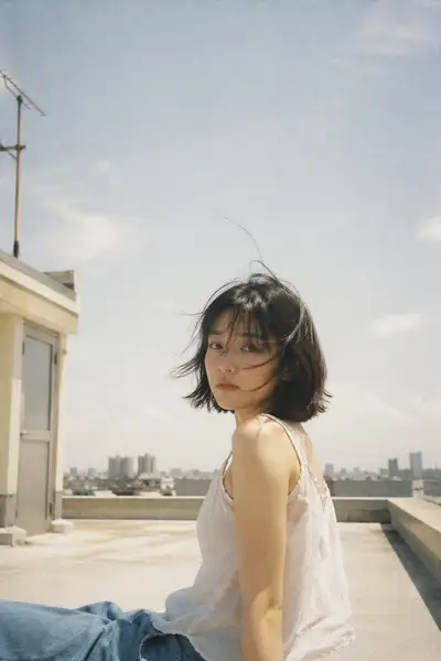 Japanese negative-film rooftop portrait photography style