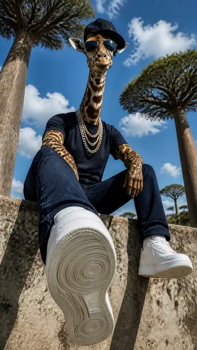 Jirafa en ropa urbana en saliente africano