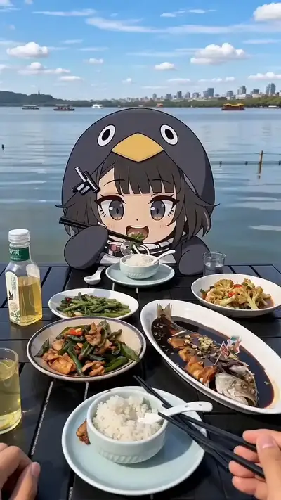 Cute Chibi Character Dining by a Lakeside Restaurant