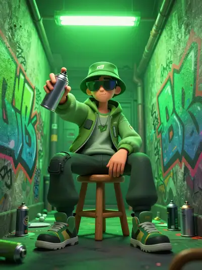 Stylized 3D graffiti artist character in a neon green alley