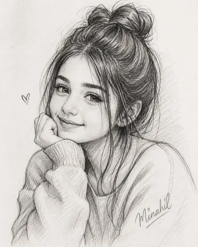 Pencil Sketch of Young Woman with Heart