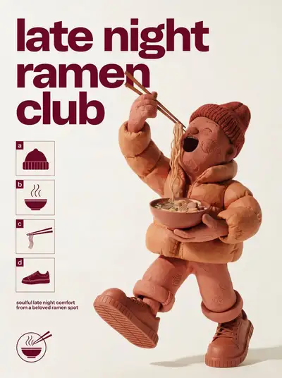 Diseño de póster en claymation de un muñeco de plastilina comiendo ramen