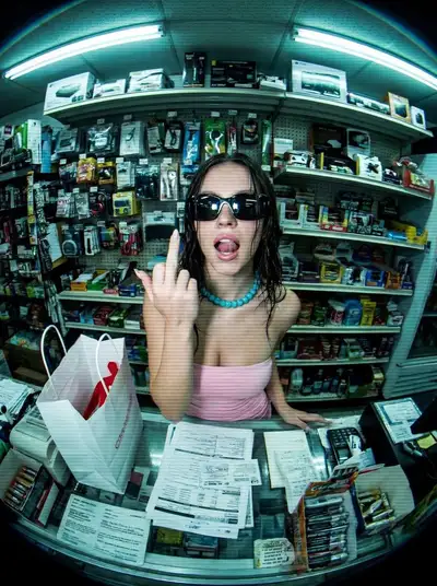 Distorted CCTV-style defiant retail shop surveillance shot