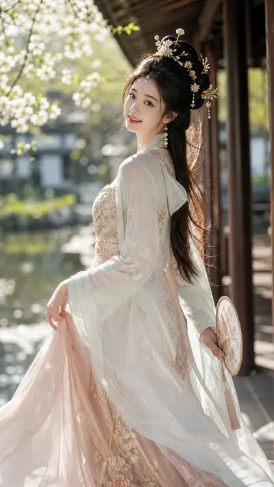 Cinematic classical hanfu portrait in a spring garden