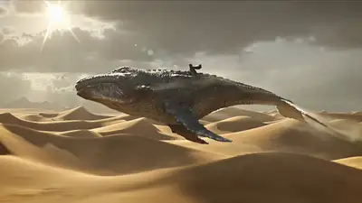 Rider on Flying Whale Over Desert