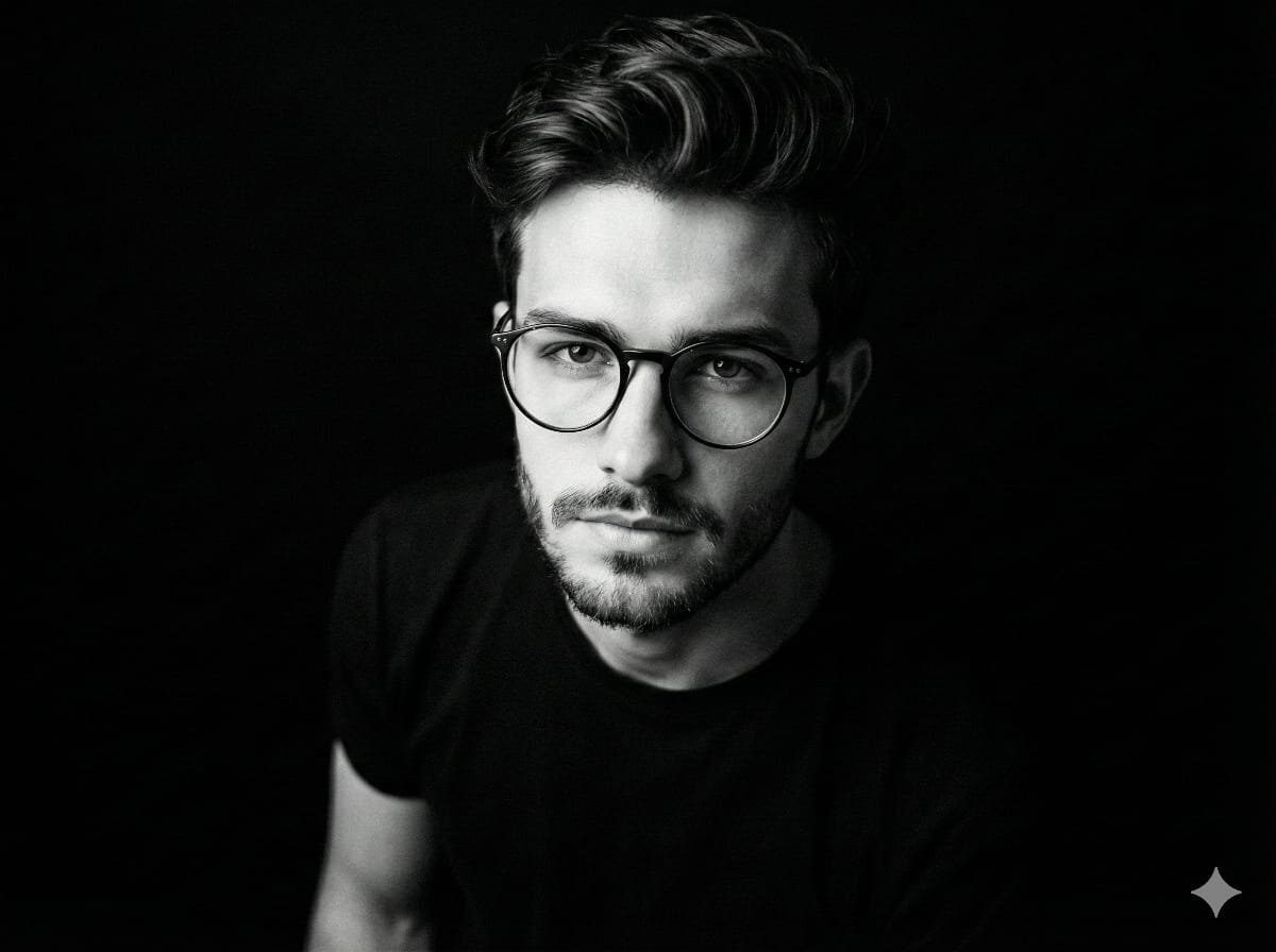 Top-angle black and white close-up portrait