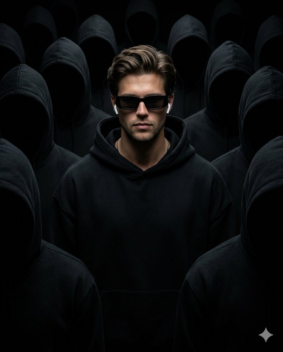Dark cinematic hooded portrait (Nano Banana Pro)