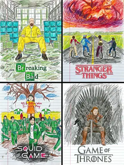 Movie poster redrawn as child's crayon notebook drawing