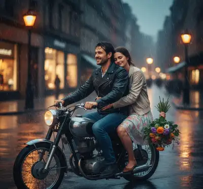 Cinematic Romantic Motorbike Ride in Rain