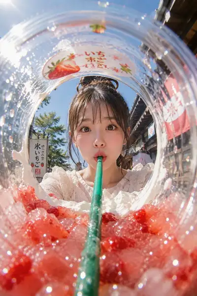 Fisheye ice cup portrait against a Japanese shopping street