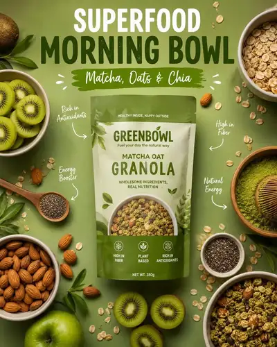 Matcha oat granola breakfast food ad poster
