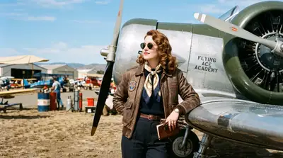 Vintage aviator portrait beside a propeller plane on an airfield