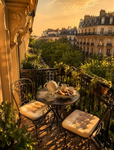 Parisian balcony golden hour tea scene
