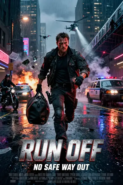 RUN OFF cinematic action movie poster of a man fleeing an explosion