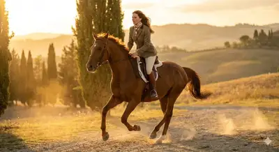 Equestrian fashion model on a galloping horse