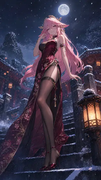 Yae Miko Snowy Night Staircase Wallpaper Prompt