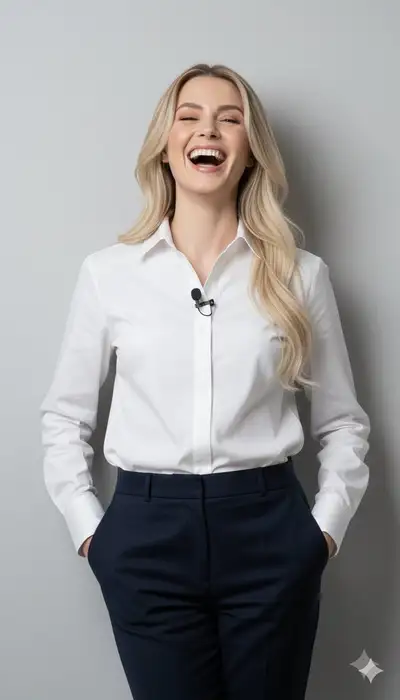 Joyful laughing studio portrait with a lapel microphone