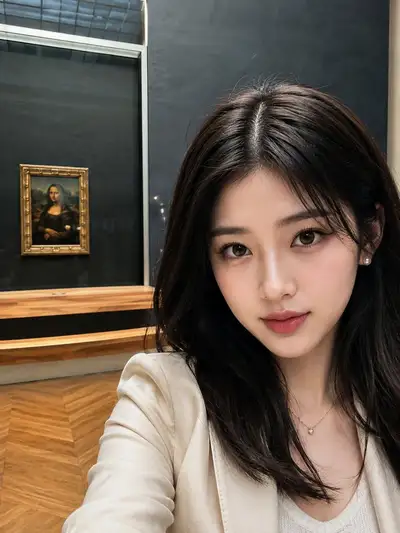 Retrato selfie no museu ao lado da pintura da Mona Lisa