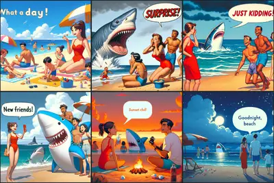 Beach scene with shark surprise
