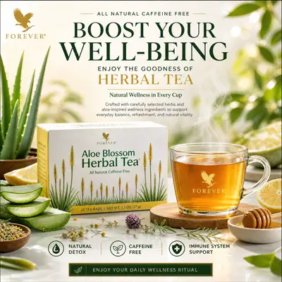 Forever Aloe Blossom herbal tea wellness advertising poster
