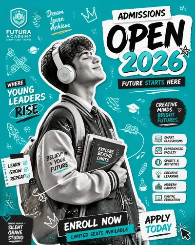 Y2K scrapbook collage school admission poster with student cutout
