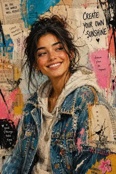 Vibrant Mixed Media Portrait of Smiling Woman