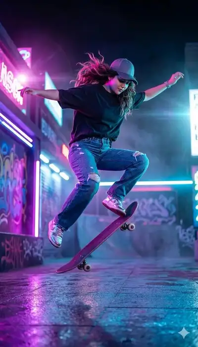 Neon Night Skate Vibe - Flying Pose