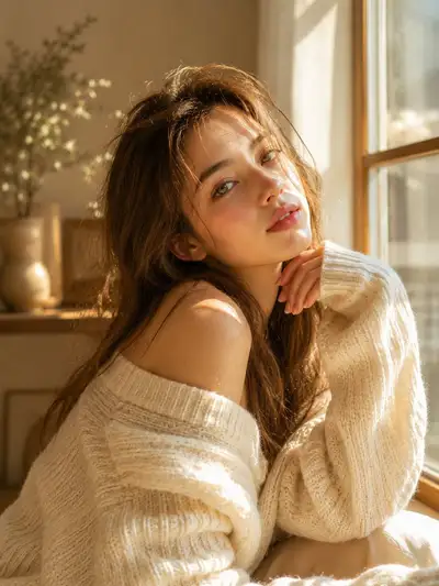 Dreamy sunlit portrait of a woman in an oversized knit sweater