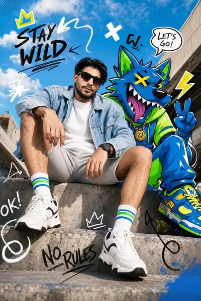 Fashion model with cartoon animal mixed-media editorial