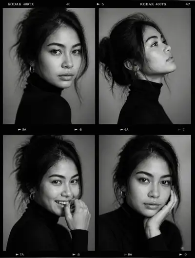 Black and white fashion casting contact sheet portrait prompt