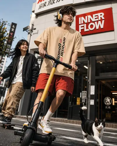 电影感日本街景：踏板车、滑手与猫