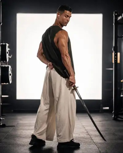 Cinematic gym fitness portrait with katana (identity-preserving)