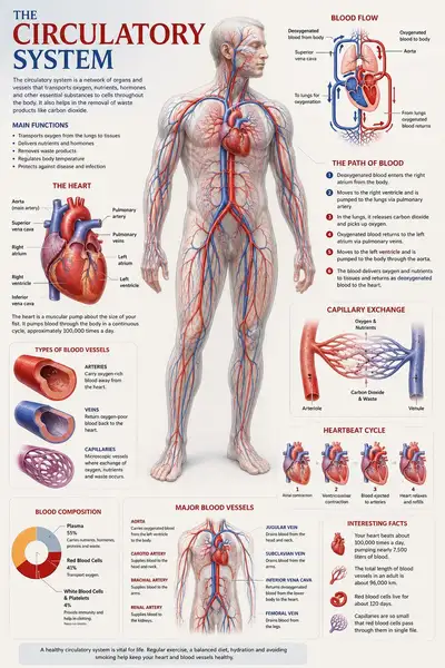 Museum-style anatomical poster of the human circulatory system